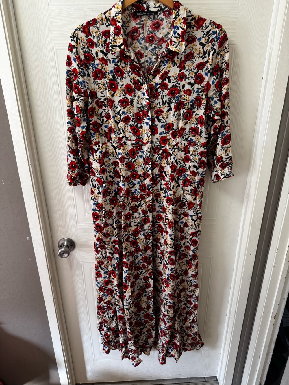 Zara Cream Maxi Dress with Red Floral Print